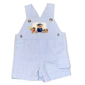 ADORABLE Seersucker blue overalls/romper with puppies teddy bear & chicks 3-6M